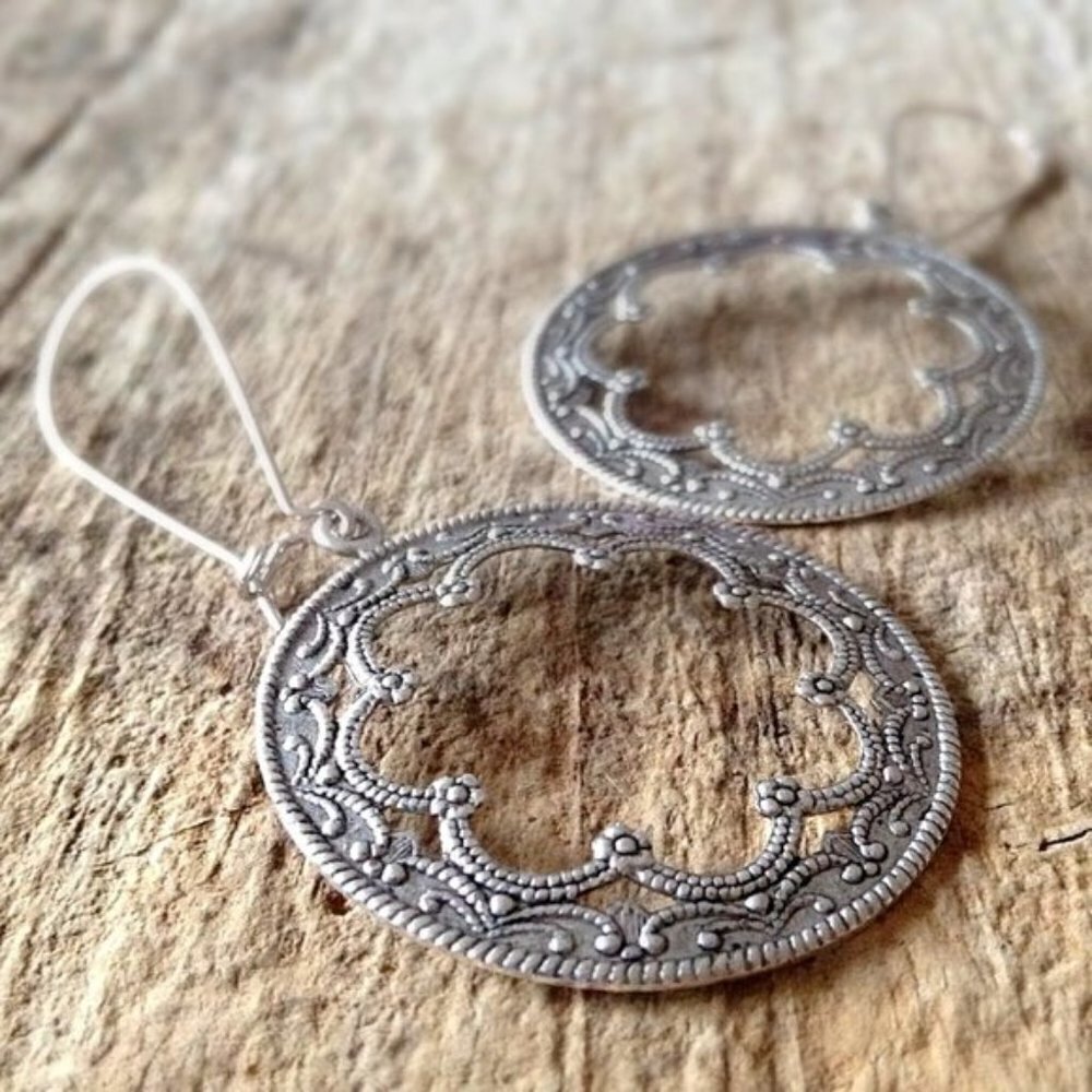 Antique Silver Scalloped Hoop Earrings